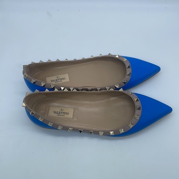 Valentino Garavani Blue leather beige trim Rockstud Ballerina flats 37.5 - Picture 4 of 12